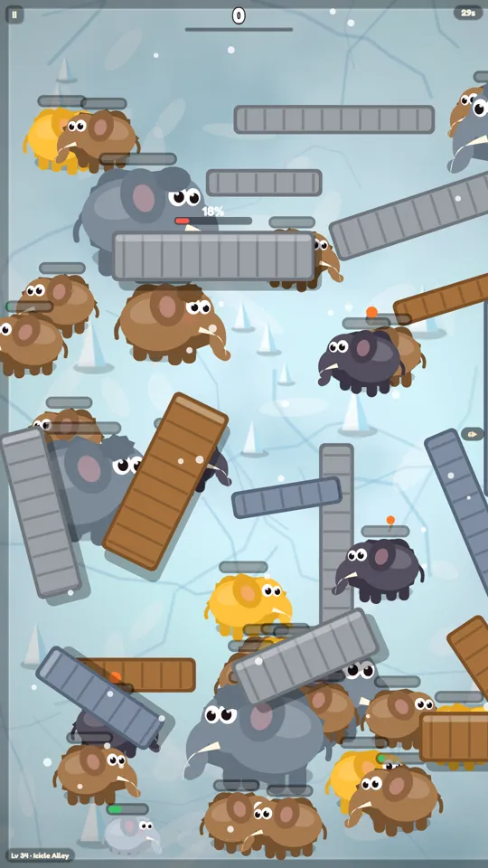 Elephant Pop gameplay, ice world. Elephants in yellow, brown and grey scattered across pale blue ice, with wooden barricades between them.