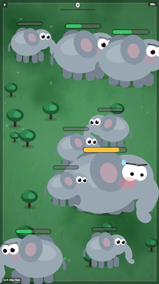 Elephant Pop gameplay, jungle world. Grey elephants on green ground, each with an inflation bar above it, a timer in the corner and the level name at the foot of the screen.