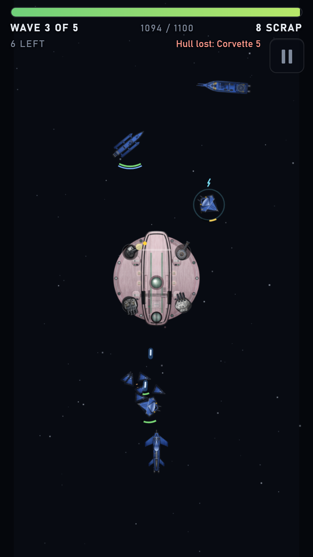 Keelhold battle. A round station at the center of the screen fires at ships coming in from the top and bottom edges.