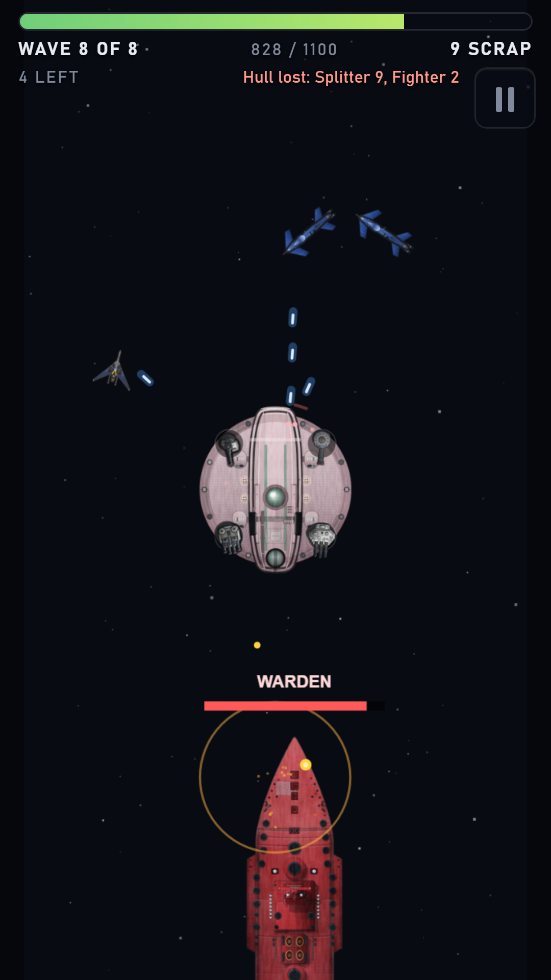 Keelhold boss stage. A large warship with several gun mounts bears down on the station.