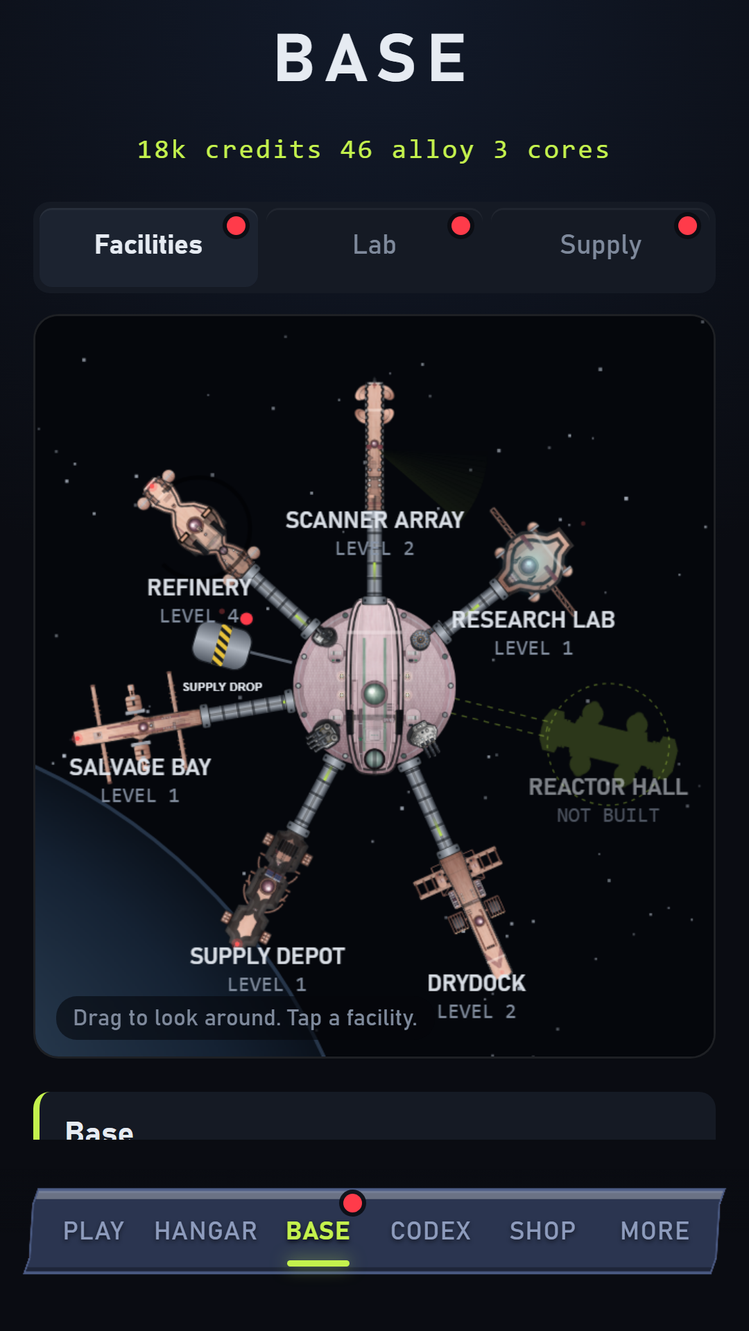 Keelhold base. The station seen from above with its facilities docked around it.